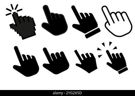 Handcursor-Symbolsatz im Hintergrund des Büros. Klicken Sie auf das Symbol . Handklick. Zeiger Stockfoto