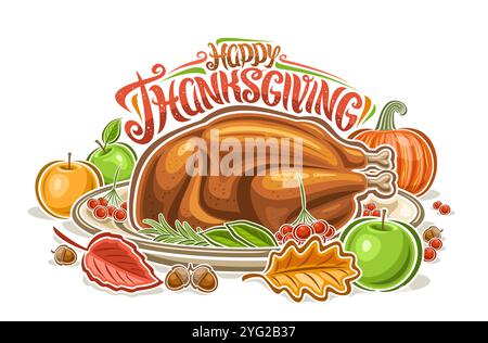 Vektor Thanksgiving Logo, horizontales Poster mit Cartoon Design Komposition von Thanksgiving truthahn mit Rosmarinzweig auf großer Platte und grünen Äpfeln Stock Vektor