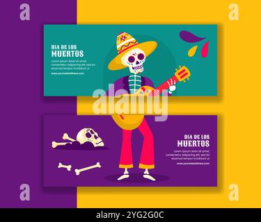 Dia de Los Muertos festliche Vorlage für horizontales Banner im flachen handgezeichneten Cartoon-Stil Stock Vektor