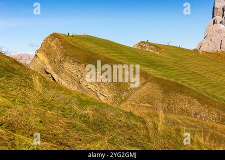 Italien, Seceda Nahaufnahme herbstlicher Bergblick, Fuß der Geiselgruppe, Gröden in der Nähe der Stadt St. Ulrich Stockfoto