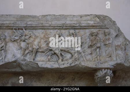 Block mit Darstellung des klappbaren Curule-Sitzes. Detail der Stadtgründung. "Sulcus primigenius"-Ritual. Rom. 2. Jahrhundert. Nationales Römisches Museum Stockfoto