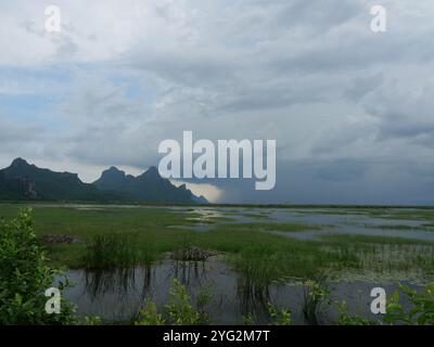 Graue Cumulonimbus Wolkenformationen am Himmel über dem Berg, Nimbus bewegt sich in Feuchtgebieten, Auftreten von Regenwolken, See während Regen fällt Stockfoto