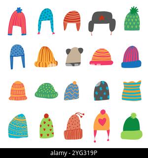 Doodle Winter Kopfbedeckungskollektion. Stock Vektor