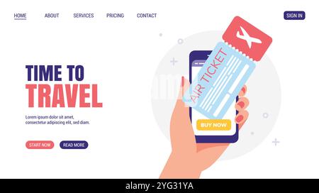 Frau Hand hält Smartphone mit Flugticket und Knopf jetzt kaufen. Online-Shopping-Konzept. Flaches Design, Cartoon-Stil. Vektor. Website für Reisekonzept, Webseitendesign. Stock Vektor