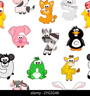 Nahtloses Muster mit Zahlen wie Tiere. Zahlensammlung mit Tierkonzept. Kalligrafie, Schriften, Typografie, Druck, Bildung oder Spiel Stock Vektor