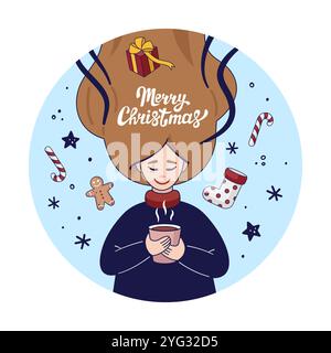 Frau trägt einen Pullover mit langen Haaren und hält eine Tasse mit heißem Getränk, umgeben von weihnachtlicher Einrichtung. Winterpostkarte. Frohe Weihnachtsschrift. Vektorillustration im Doodle-Stil. Stock Vektor