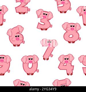 Nahtloses Muster mit Zahlen wie Schweine von 0 bis 9. Zahlensammlung mit Tierkonzept. Kalligrafie, Schriften, Typografie, Druck, Bildung Stock Vektor