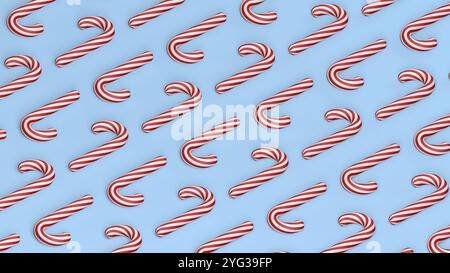 Zuckerrohr isoliert auf blauem Hintergrund. Weihnachtsmuster. 3D-Abbildung. Stockfoto