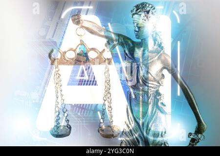 Künstliche Intelligenz und Recht. AI-Abkürzung und Statue von Lady Justice Stockfoto