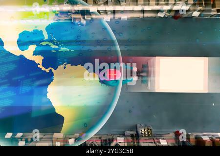 Mann, der mit Palettenhubwagen im Lager und in der Welt arbeitet, Draufsicht. Doppelte Belichtung. Logistikzentrum Stockfoto