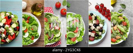 Viele verschiedene Salate auf Tischen, Blick von oben. Einstellen Stockfoto