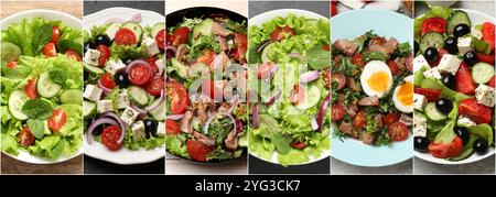 Viele verschiedene Salate auf Tischen, Blick von oben. Einstellen Stockfoto