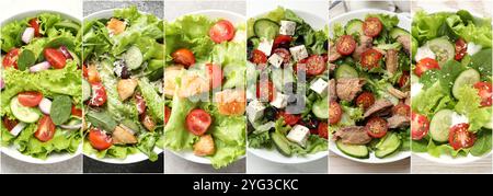 Viele verschiedene Salate auf Tischen, Blick von oben. Einstellen Stockfoto