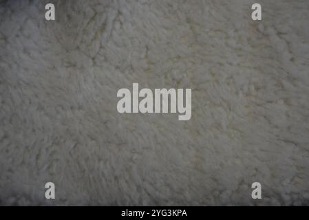 Stoffe, weiche Materialien, Pelzhintergründe aus synthetischen Materialien. Weißer flauschiger und weicher Hintergrund in Form von Fell. Stockfoto