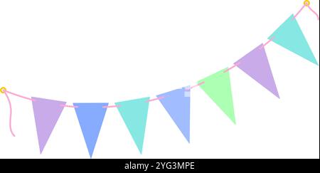 Bunte festliche Wimpelgirlanden am String in trendigen, weichen Tönen. Designelement für Geburtstagsfeier. Isolierte Vektor-Illustrationskarten, Poster, Banner, Rand, Werbeaktion oder Web, Einladung, Etikett, Preis Stock Vektor