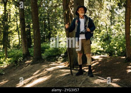 Die ganze Länge eines männlichen Mannes in Wanderkleidung, der mit einem Holzstock in einem Wald steht und wegblickt. Die ganze Länge des männlichen Mannes in Wanderkleidung, der in einem Fo steht Stockfoto