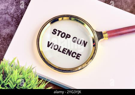 STOP GUN VIOLENCE Text in ein Notizbuch geschrieben durch eine Lupe, Draufsicht. Konzeptfoto. Stockfoto