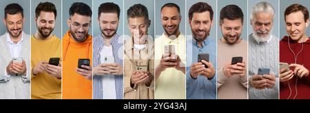 Verschiedene Männer mit Handys auf farbigem Hintergrund, Collage. Moderne Technologie Stockfoto