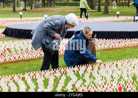 Eröffnung des Gedenkmohnfeldes am National Memorial Arboretum im November 2024. Mohnblumen wurden auf dem Feld platziert, um an die Verstorbenen in den Weltkriegen und Konflikten zu erinnern. Während der Gedenkfeier fanden zwei Mitglieder der Gruppe „Talent in the Ranks“ statt, Lee Wright (ein Gedicht vorlesen) und Michael Lauchlan (ein Lied vorführen). Stockfoto