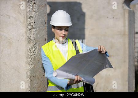 Architektin mit Sicherheitsweste und Schutzhelm, die die Baupläne auf einer Baustelle überprüft Stockfoto