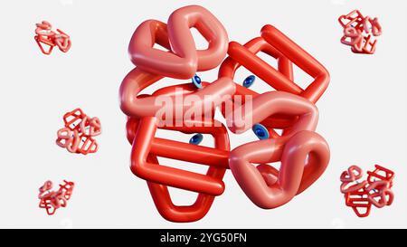 3D-Rendering von Hämoglobin ist ein komplexes Protein, das aus vier Untereinheiten besteht, von denen jede eine Hämgruppe mit einem Eisenatom im Zentrum enthält. Stockfoto