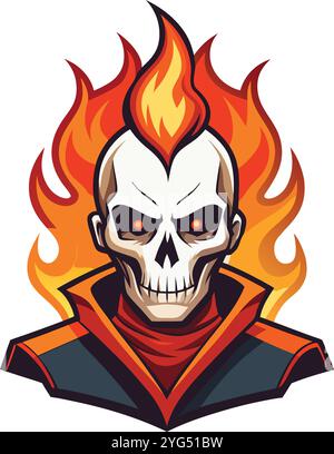Ein flammender Schädelcharakter mit feurigen Haaren und intensiven Augen in einem stilisierten Design weckt ein Gefühl von Gefahr und Geheimnis Stock Vektor