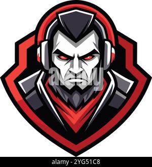 Ein wildes Esports-Logo mit einem Krieger und Kopfhörern auf auffälligem rot-schwarzem Hintergrund Stock Vektor