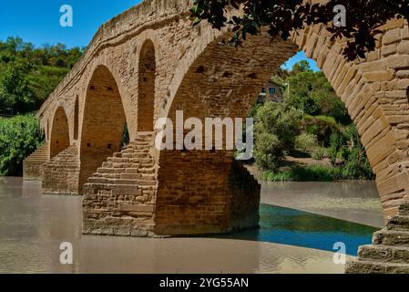 Puente la Reina, romanische Brücke Teil des St. James Way Stockfoto