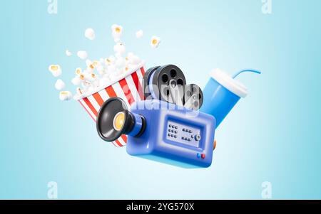 Cartoon-Videokamera, Popcorn, Getränke und Filmkarten auf dem roten Hintergrund, 3D-Rendering. 3D-Abbildung. Stockfoto