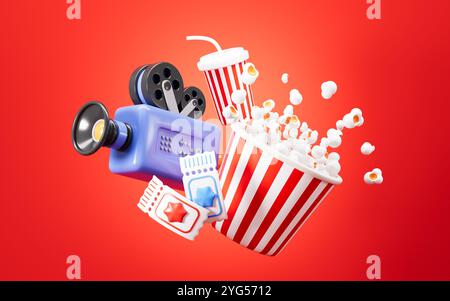 Cartoon-Videokamera, Popcorn, Getränke und Filmkarten auf dem roten Hintergrund, 3D-Rendering. 3D-Abbildung. Stockfoto