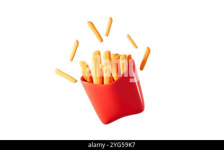 Pommes Frites in rotem Papiereimer isoliert auf weißem Hintergrund, 3D-Rendering. 3D-Abbildung. Stockfoto