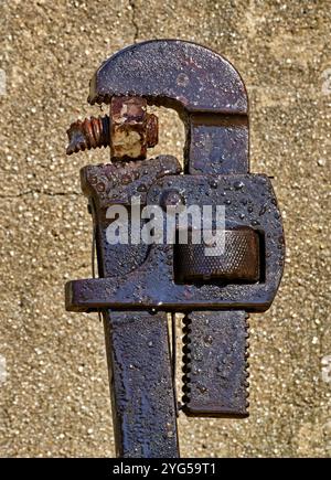 Eine Nahaufnahme eines alten nassen rostigen Vintage Klempner Rohrschlüssels. Auf einem Zemmenthintergrund. Mit einer gebrochenen Schraube in den Zähnen. Stockfoto