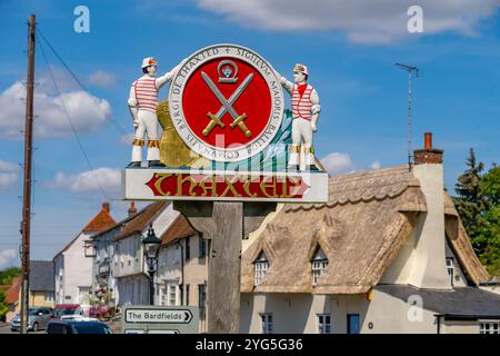 Thaxted Village Schild Stockfoto