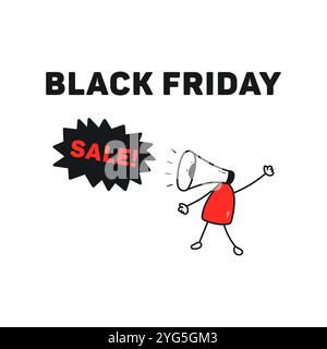 Black Friday-Angebot. Schreiendes Megaphon. Lautsprecher mit Verkaufsblase. Vektorillustration im Doodle-Stil. Stock Vektor