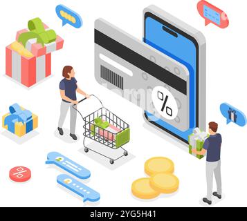 Isometrisches Kundenbindungsprogramm. Geschenke und Rabatte für Stammkunden, Sondergutschein. App mit Rabatt, Leute kaufen Geschenke, makellos Stock Vektor