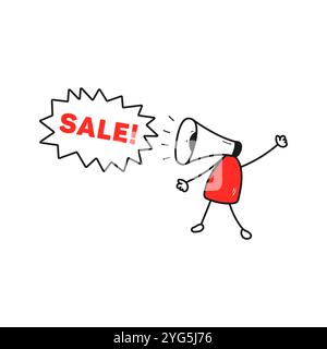 Black Friday-Angebot. Schreiendes Megaphon. Lautsprecher mit Verkaufsblase. Vektor-Illustration, Doodle-Stil. Stock Vektor