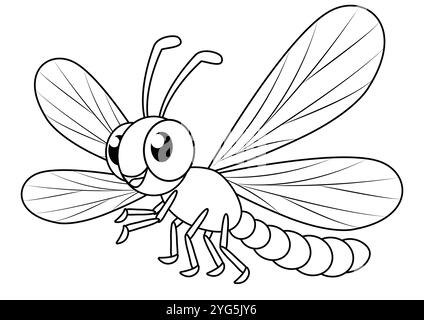 Schwarzes und weißes Cartoon-Design mit Libelle-Vektor-Flachdesign. Ausmalseiten Stock Vektor