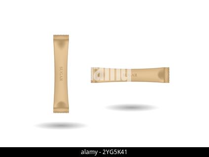 Realistischer Papierbrauner Zuckerstab für Kaffeevektor flaches Design isoliert auf weißem Hintergrund Stock Vektor