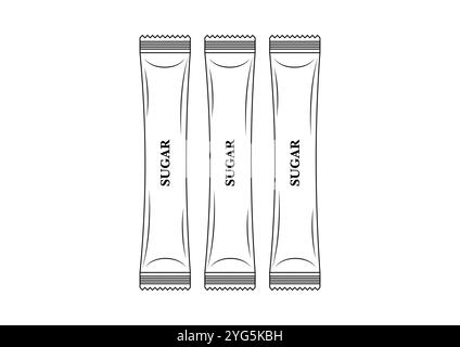 Schwarzes und weißes Papier brauner Zuckerstab für Kaffee Vektor flache Design isoliert auf weißem Hintergrund Stock Vektor