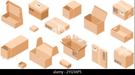 Isometrische Kartonverpackungen. Postverpackung, Papierkartons in verschiedenen Formen und Größen. Isolierte Box für Paket, Zustelldienst, makelloses Vektorset Stock Vektor