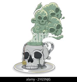 Porzellan-Teetasse in Form eines menschlichen Schädels, Kaffeetasse in Form eines Schädels und seiner Untertasse, dämonische Tasse mit giftigem Todesrauch Stock Vektor