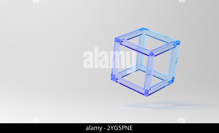 Abstrakter Hohlwürfel. Glassmorphismus. Blau und violett. Durchscheinend. Kopierbereich. 3D-Abbildung. Stockfoto