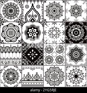 Boho Stil indische Fliesen nahtlose Vektor schwarz-weiß Muster mit Mandalas, Blumen und dekorativen Wirbeln. Nicht-AI generiert Stock Vektor