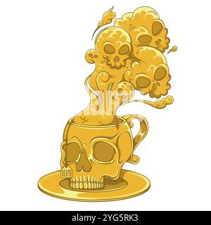 Porzellan-Teetasse in Form eines menschlichen Schädels, Kaffeetasse in Form eines Schädels und seiner Untertasse, dämonische Tasse mit giftigem Todesrauch Stock Vektor