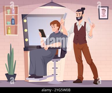 Friseur. Friseur arbeitet im Schönheitssalon Vektor-Karikaturhintergrund Stock Vektor