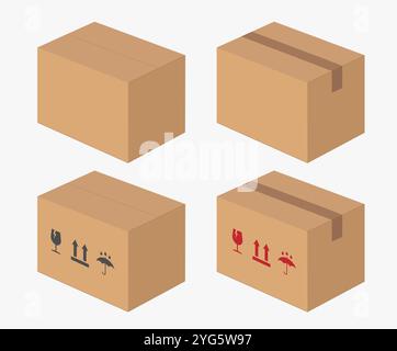 Symbol für realistisches Modell aus Pappe. Leeren Sie den leeren leeren Versandkarton. Zerbrechlich. Vektorabbildungsbild. Isoliert auf weißem Hintergrund Stock Vektor