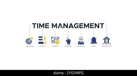 Zeitmanagement Banner Web-Symbol-Vektor-Illustration Konzept mit Symbolen für Ziel, Priorität, Zeitplan, Erinnerung, Effizienz, Warnungen und Steuerung Stock Vektor