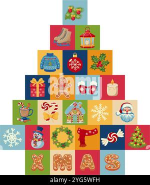 Festlicher Adventskalender Illustration mit bunten Weihnachtssymbolen in Silvester- und Weihnachtsbaumform, jeder Platz mit Weihnachtssymbol Stock Vektor