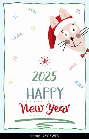 Eine Glückwunschkarte für das neue Jahr 2025. Süßes, lustiges Häschen mit rotem Weihnachtsmann-Hut, das um die Ecke rausguckt. Handschrift. Stock Vektor