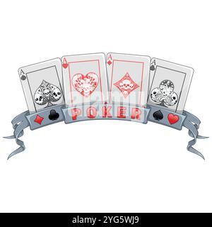 Pokerkarten umgeben von einem Band, Pokersymbole mit Herz, Diamant, Schläger und Ass mit verschiedenen Schädeldesigns Stock Vektor